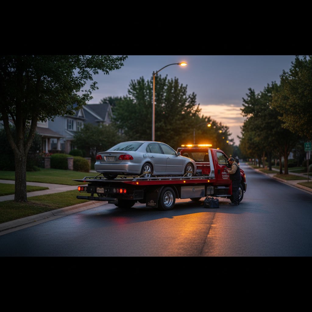 Flatbed tow truck with secured vehicle providing roadside assistance in test