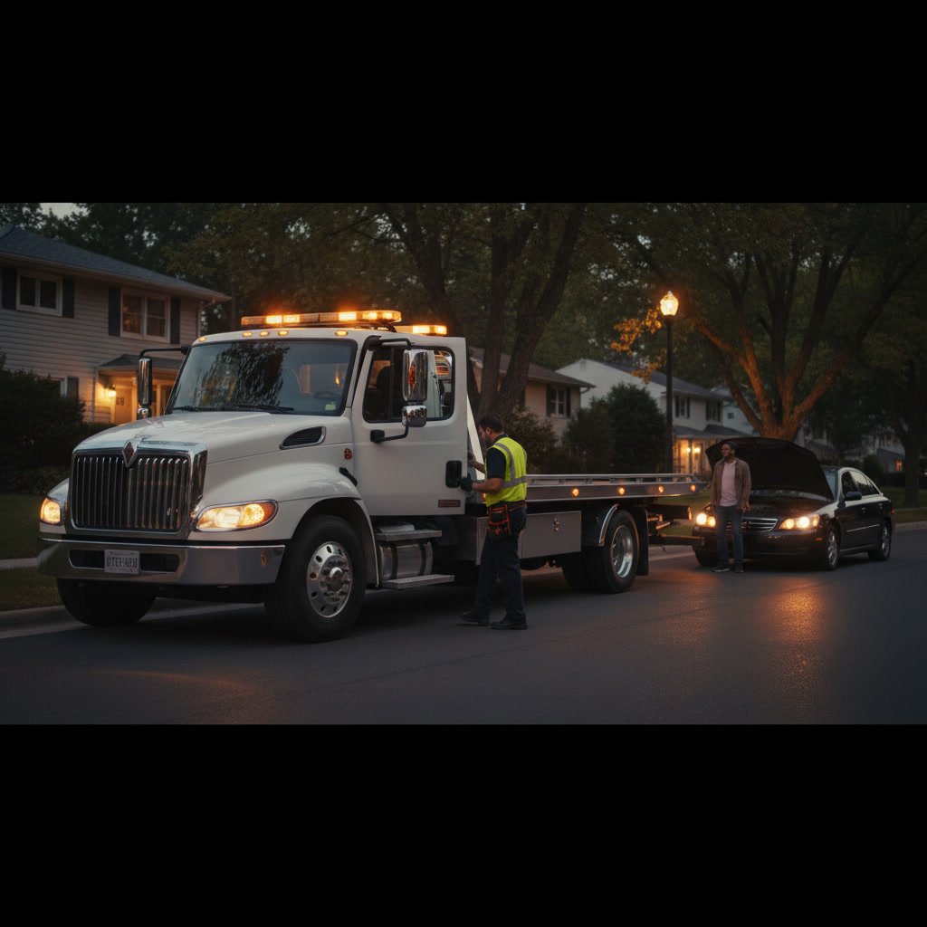Tow truck responding to roadside assistance call in test