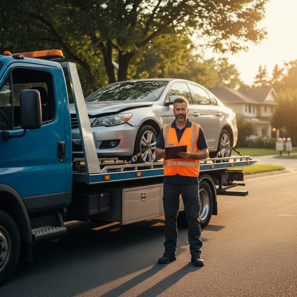 Tow truck with loaded vehicle providing roadside assistance in test