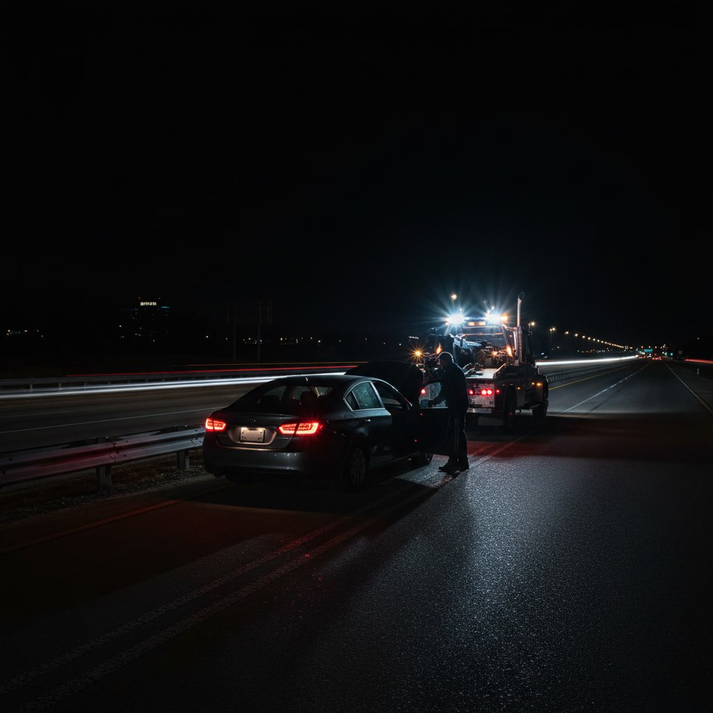 Stranded car on interstate at night awaiting roadside assistance