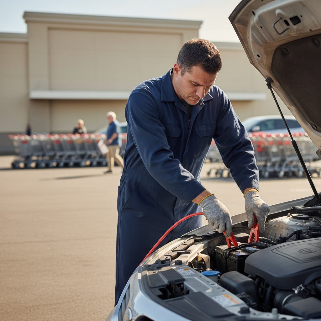 Jumper cables attached to car battery for jumpstart service in parking lot