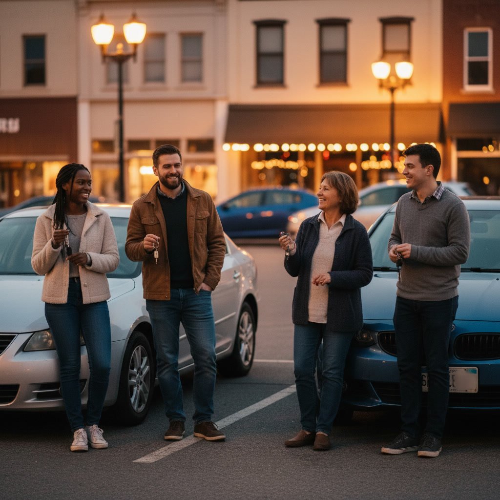 Local drivers standing together in parking lot after roadside assistance