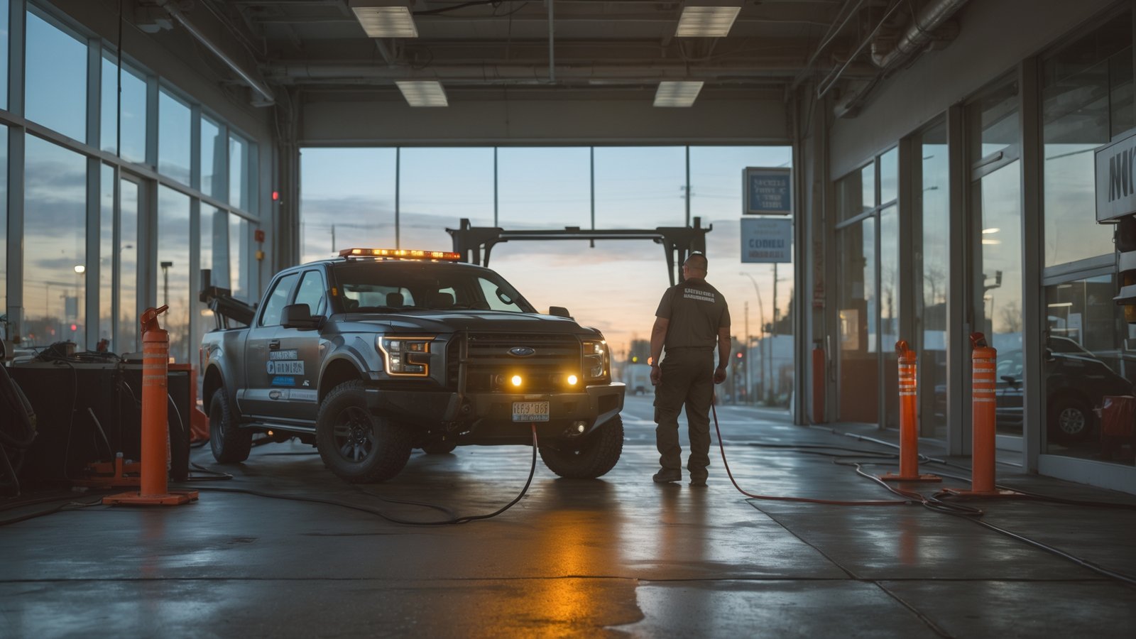 Technician using professional jump starter equipment on dead car battery in Seattle