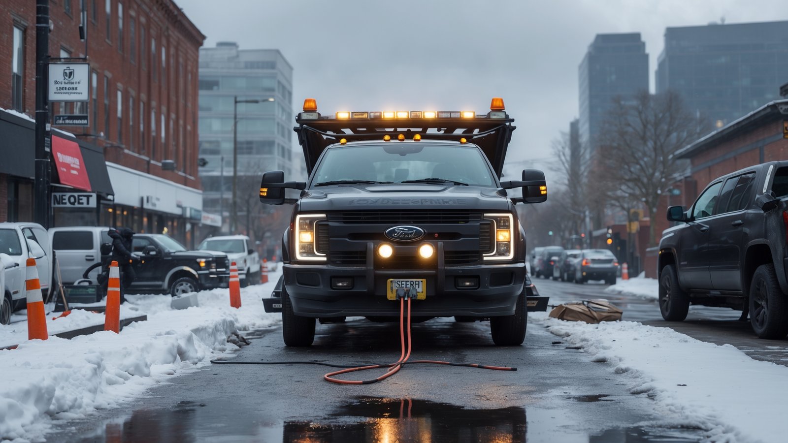 Professional jumpstart service being performed on a car with a dead battery in Seattle