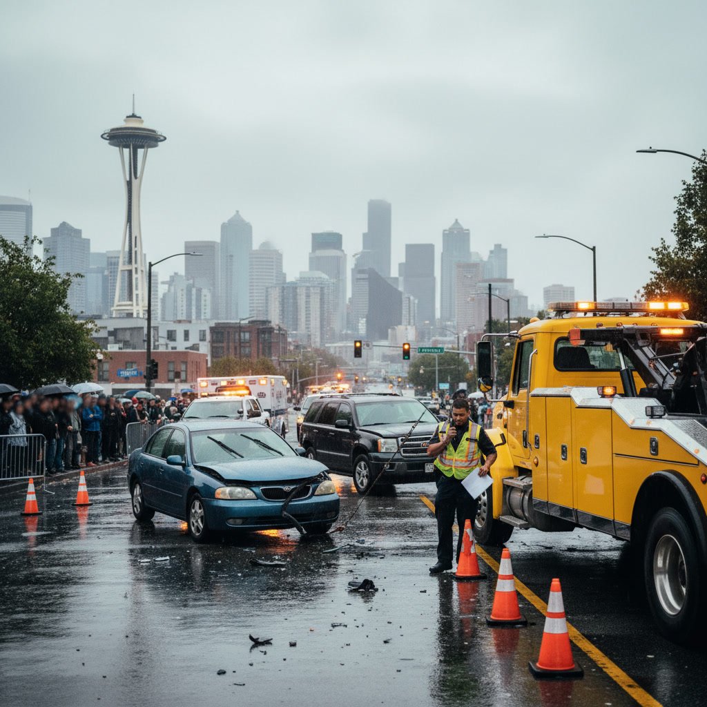 damaged car waiting for accident towing Seattle after collision