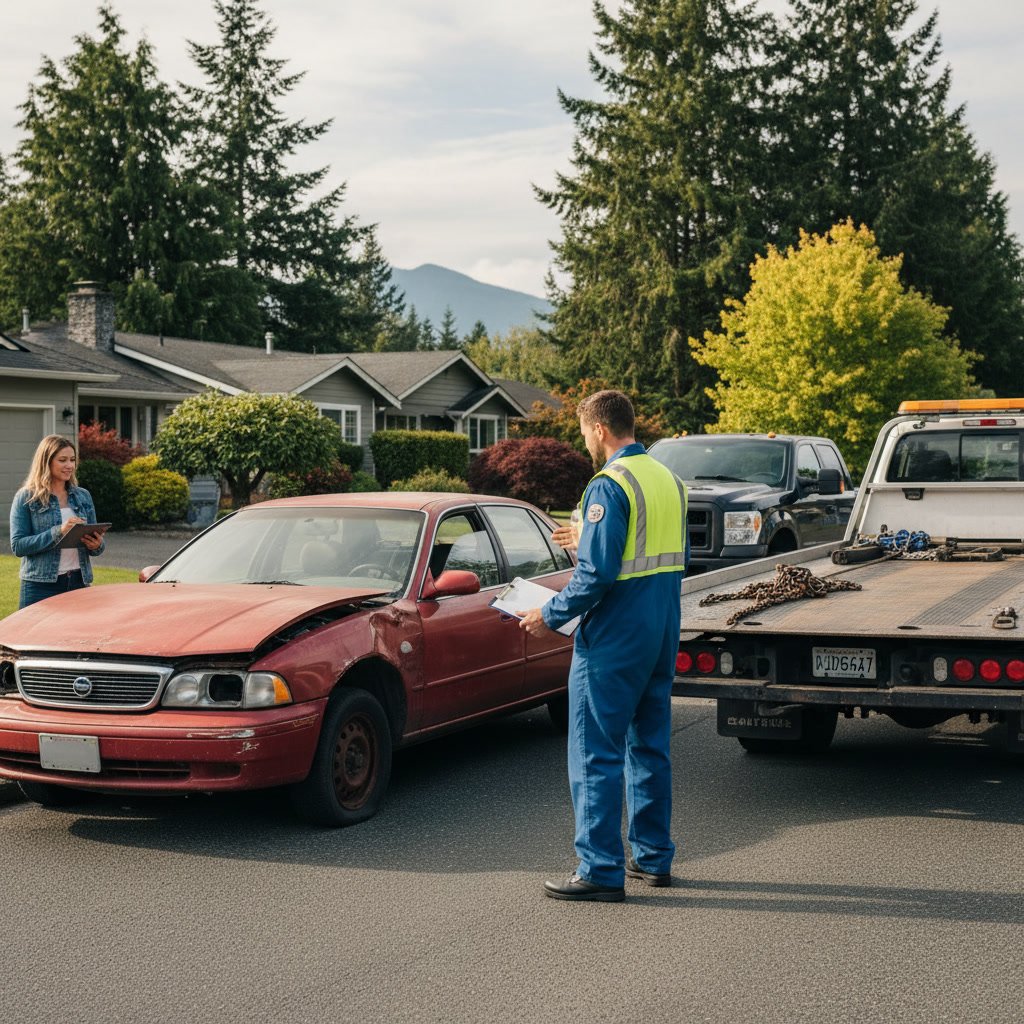 tow truck preparing to load junk car in Kirkland neighborhood