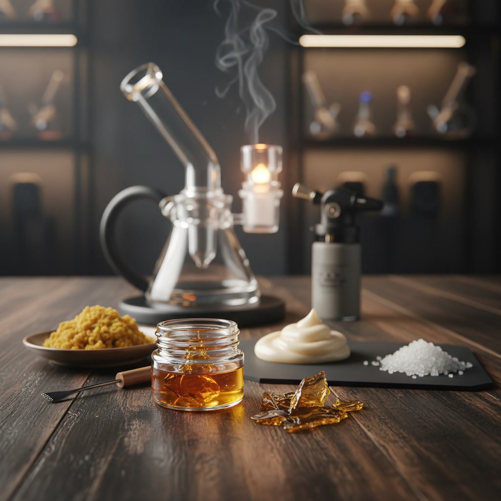 Different types of cannabis wax concentrates displayed on dab tool in LaBelle smoke shop