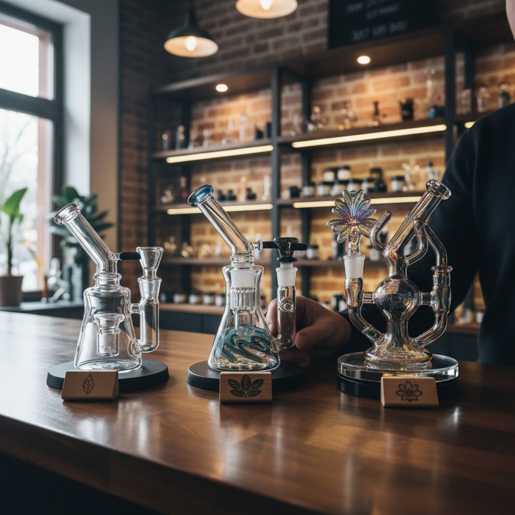 Various dab rigs and glass pieces displayed at Ortona smoke shop showing different price ranges