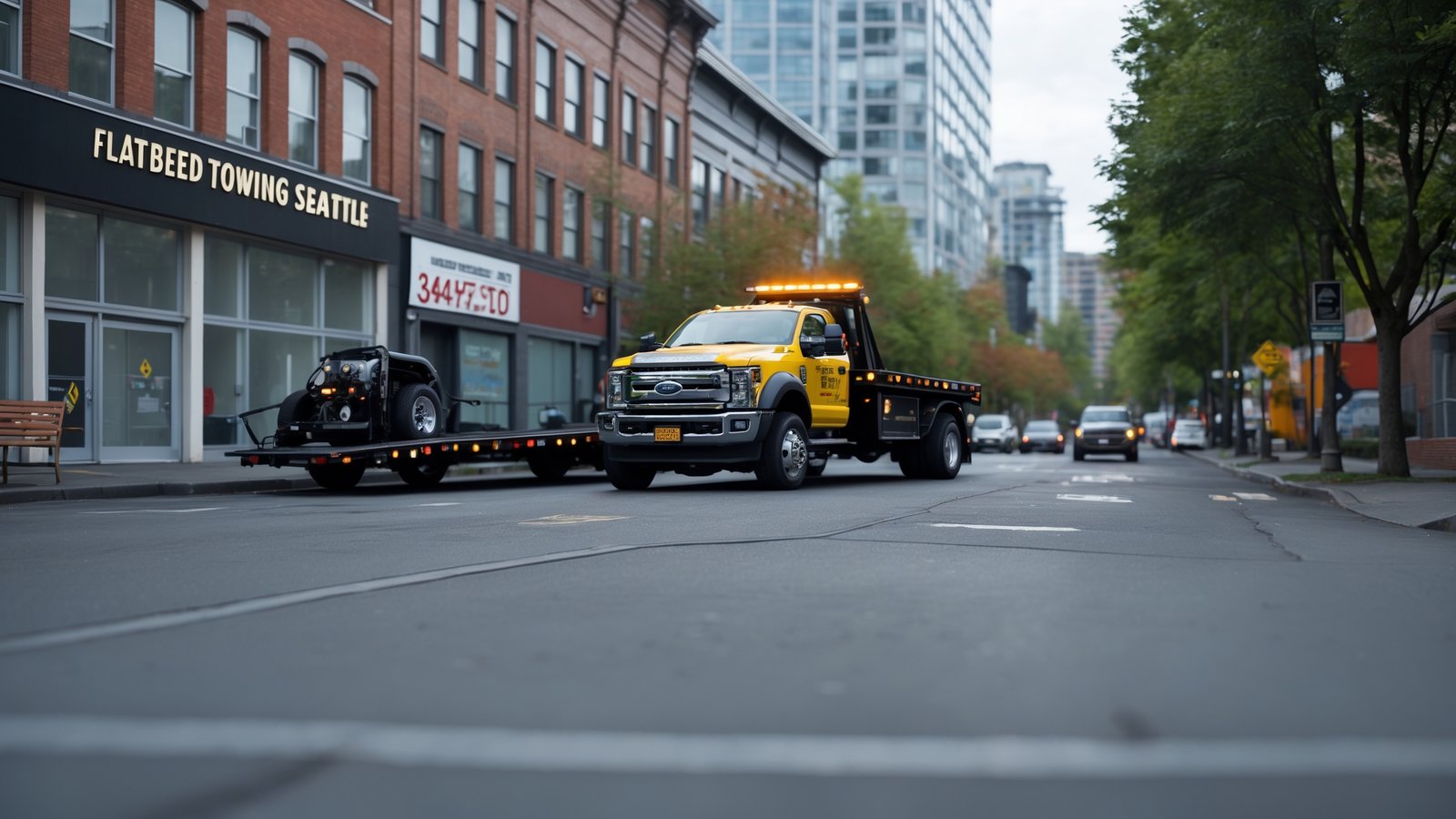 Flatbed tow truck loading luxury vehicle in Seattle