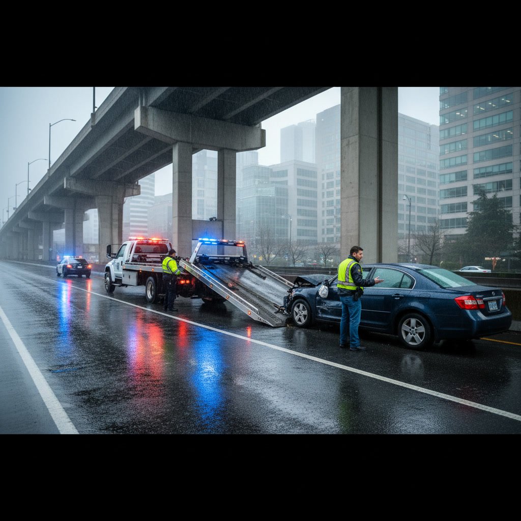 tow truck loading damaged vehicle after Seattle accident