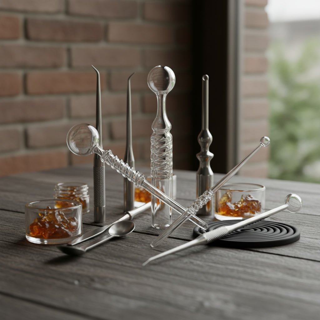 Collection of wax tools including carb caps, dabbers, and quartz bangers at Ortona location