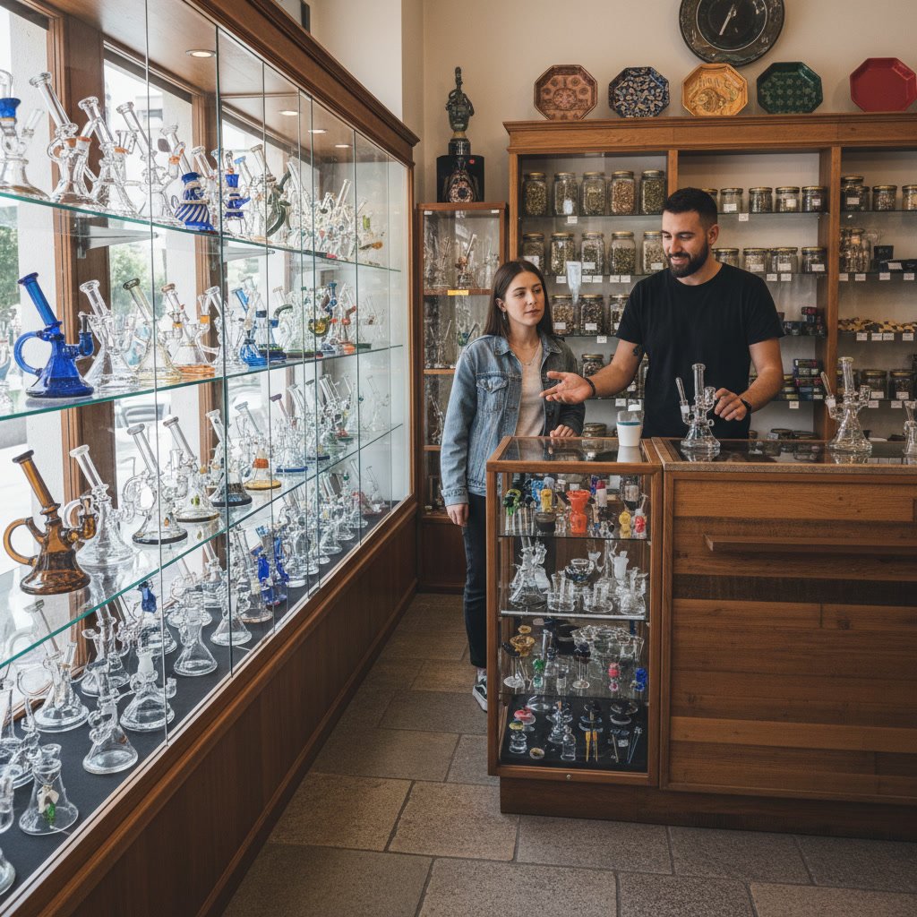 Customer examining dab rig quality at local Ortona smoke shop with staff assistance