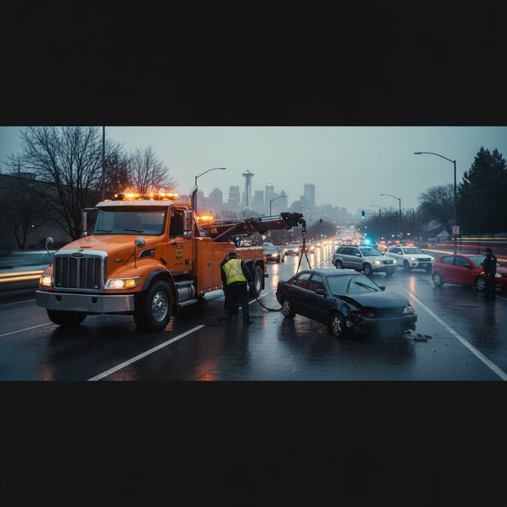 emergency accident towing Seattle tow truck responding to collision scene