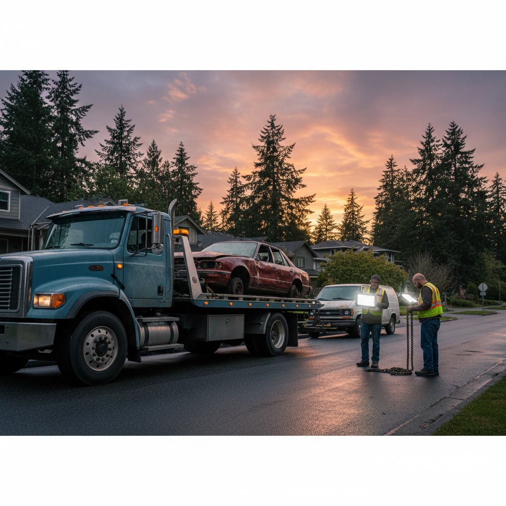 junk car being loaded onto tow truck for same day removal in Kirkland