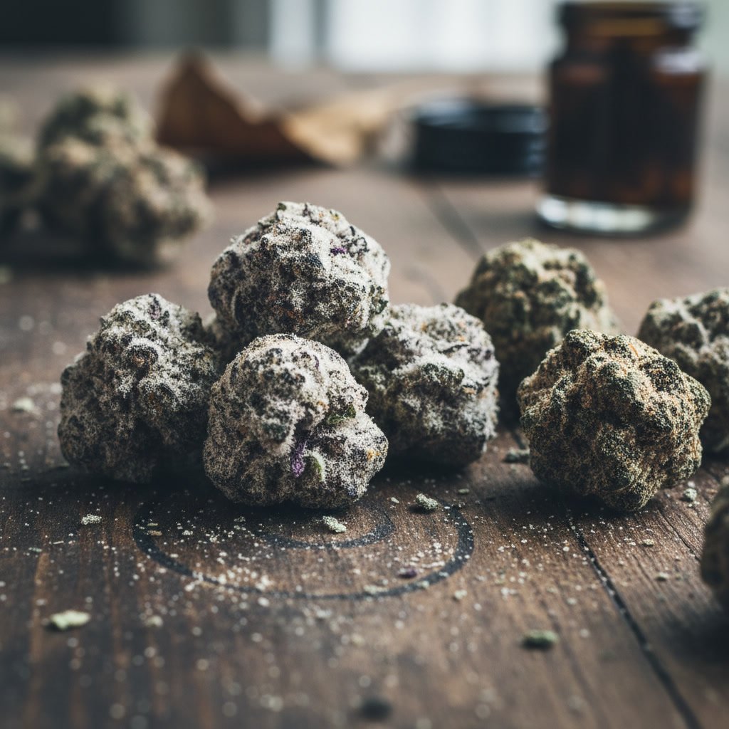Close-up of snow caps cannabis flower covered in kief and concentrate available in LaBelle Florida