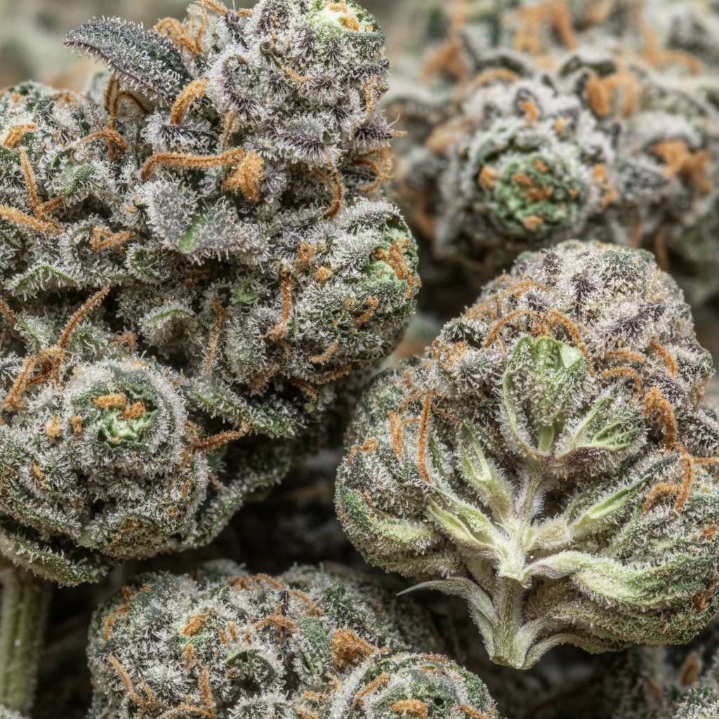 Close-up of cannabis flower trichomes under magnification showing milky white glands