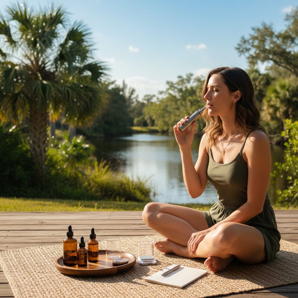 Person using CBD vape for anxiety management with proper technique