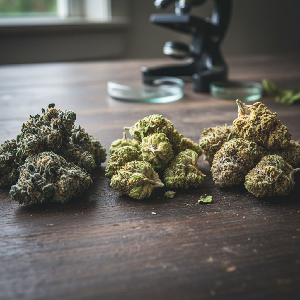 Dense cannabis bud with tight structure and vibrant green and purple coloring