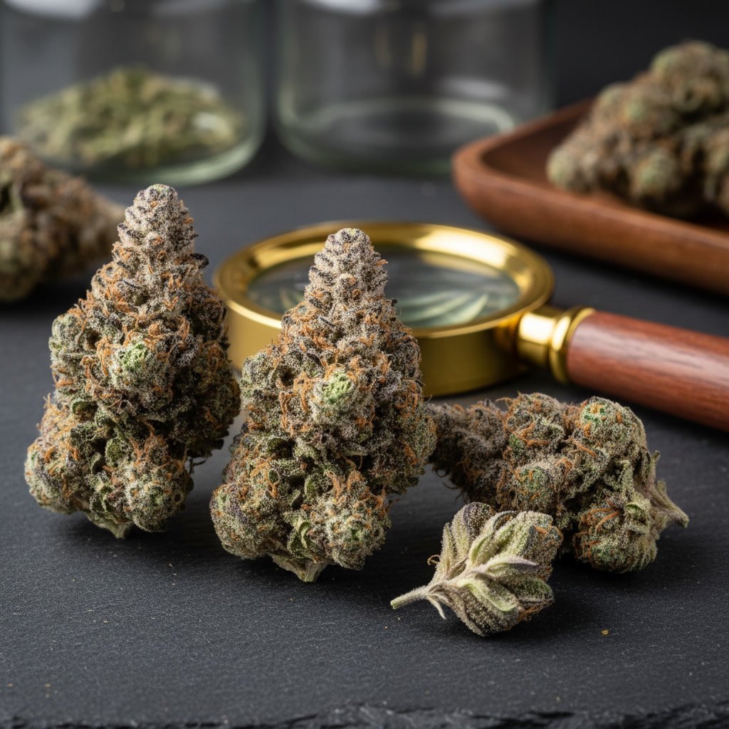 High-quality cannabis flower with visible trichomes and dense bud structure