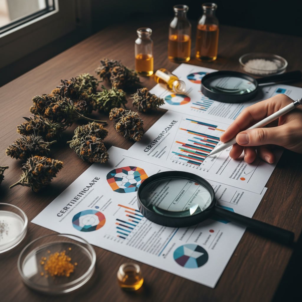 Certificate of analysis document showing cannabinoid percentages and safety test results for lab tested cannab