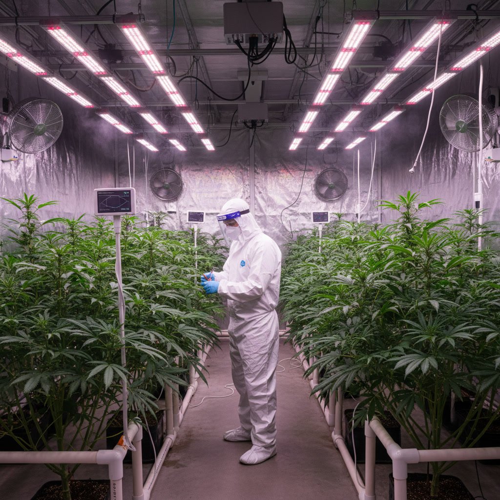 Indoor cannabis grow room with controlled lighting and dense flower canopy