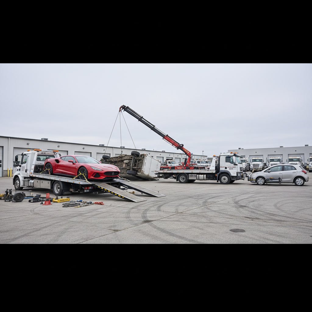 Tow truck operator securing vehicle with professional tie-down straps on flatbed