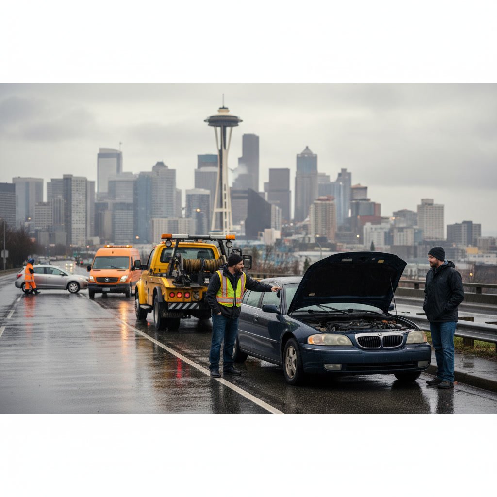 Roadside assistance technician helping stranded driver