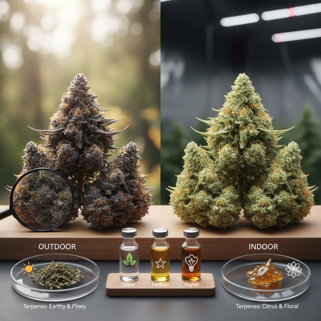 Outdoor cannabis plants growing under natural sunlight with open canopy structure