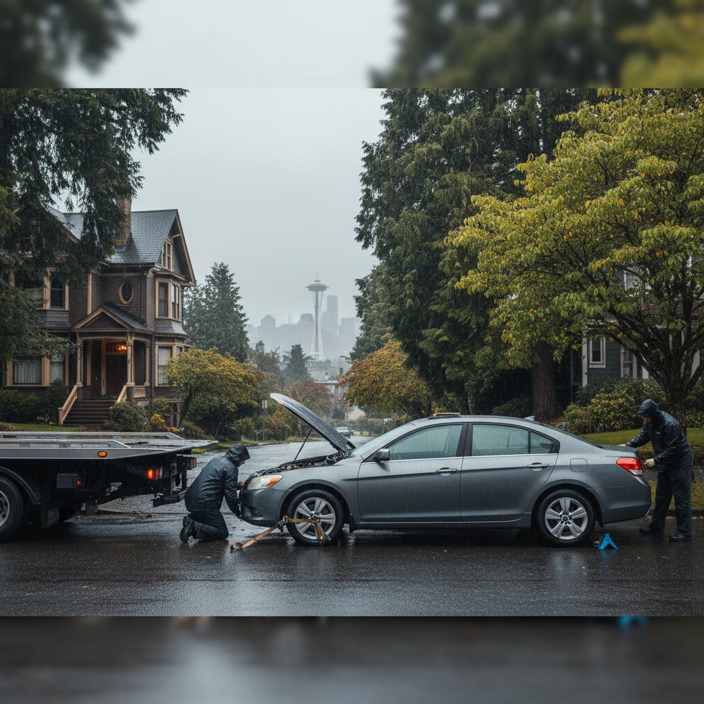 Professional securing chains on disabled vehicle for safe transport