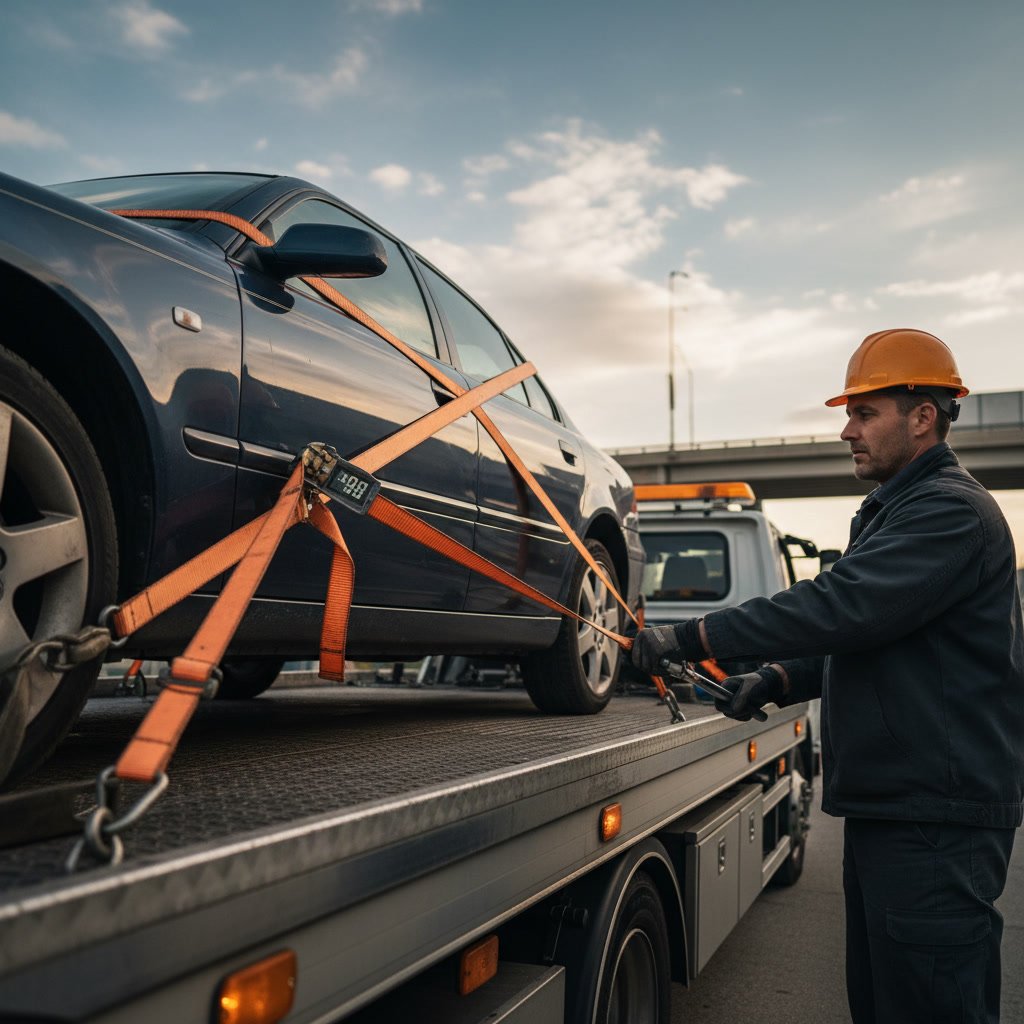 Close-up of properly tensioned ratchet straps securing vehicle to flatbed tow truck