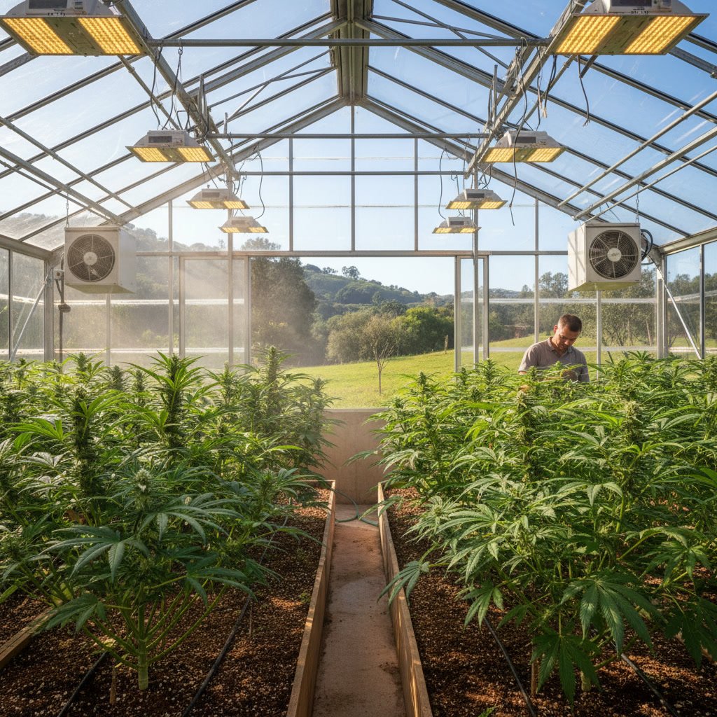 Greenhouse cannabis cultivation combining natural sunlight and environmental controls