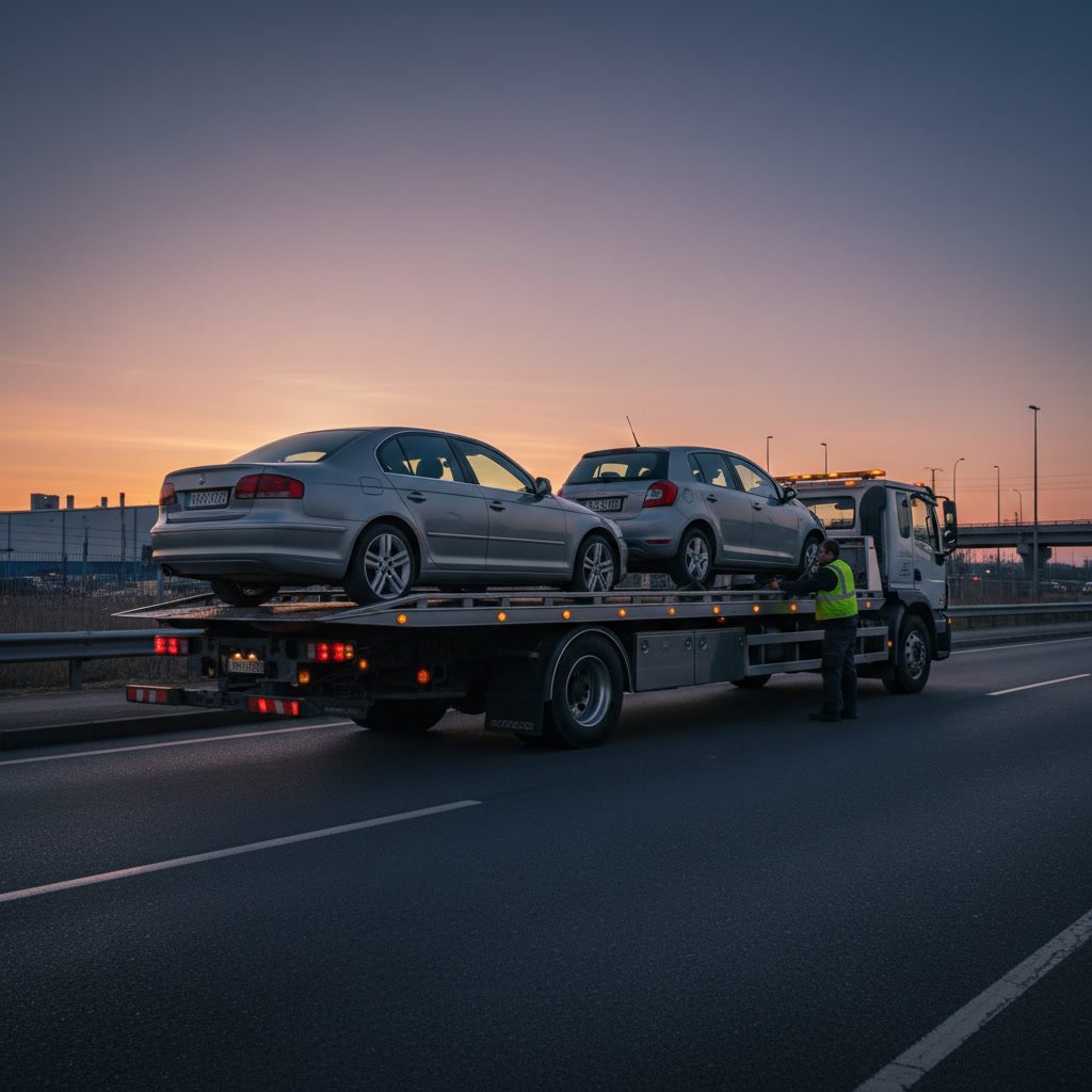 Tow truck operator checking vehicle load distribution and balance on flatbed