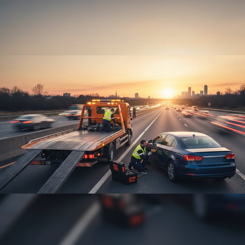 Stranded driver standing next to broken down car waiting for tow truck or roadside assistance