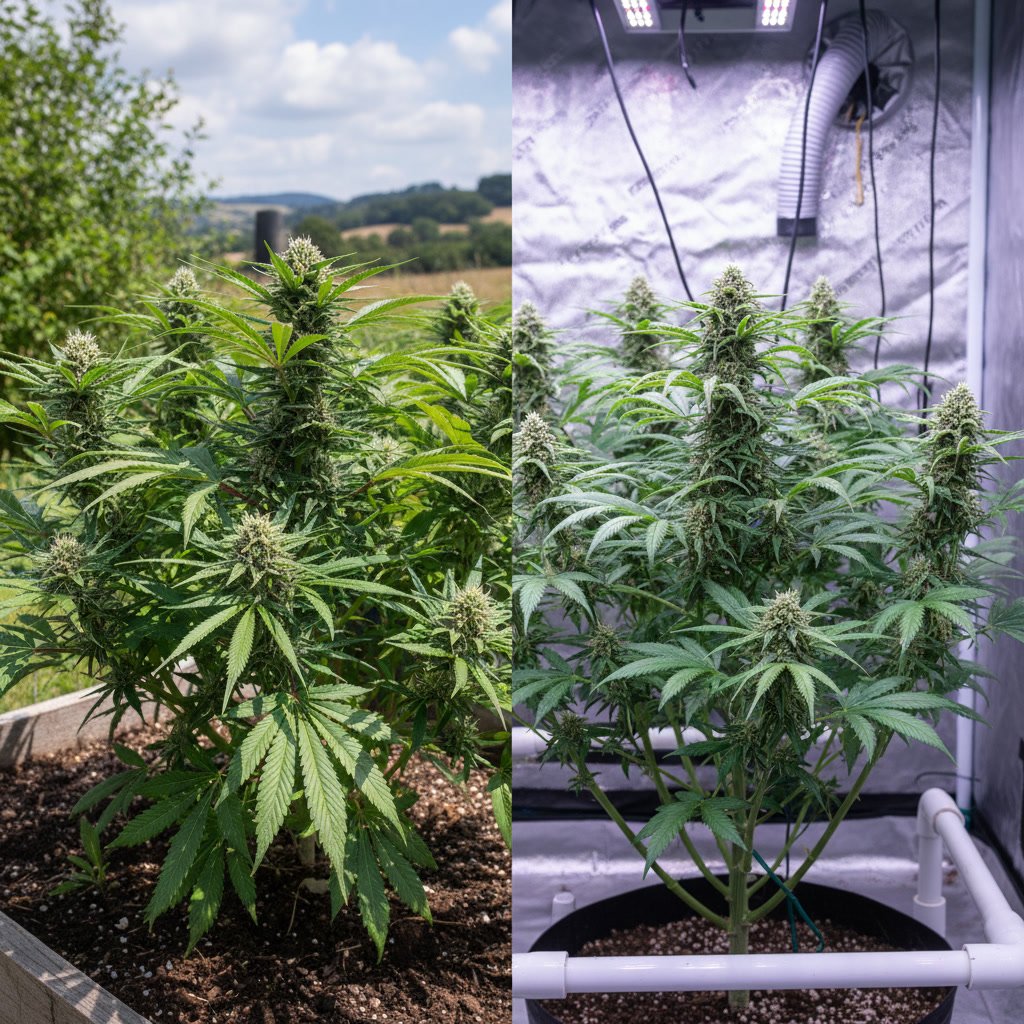 Outdoor and indoor cannabis plants side by side showing different growing environments