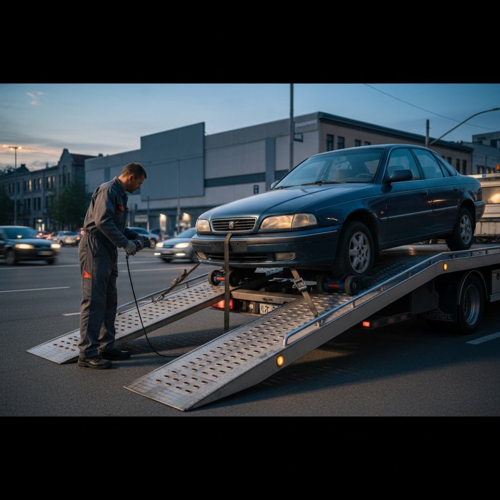 Professional tow truck safely transporting a non running vehicle on a flatbed