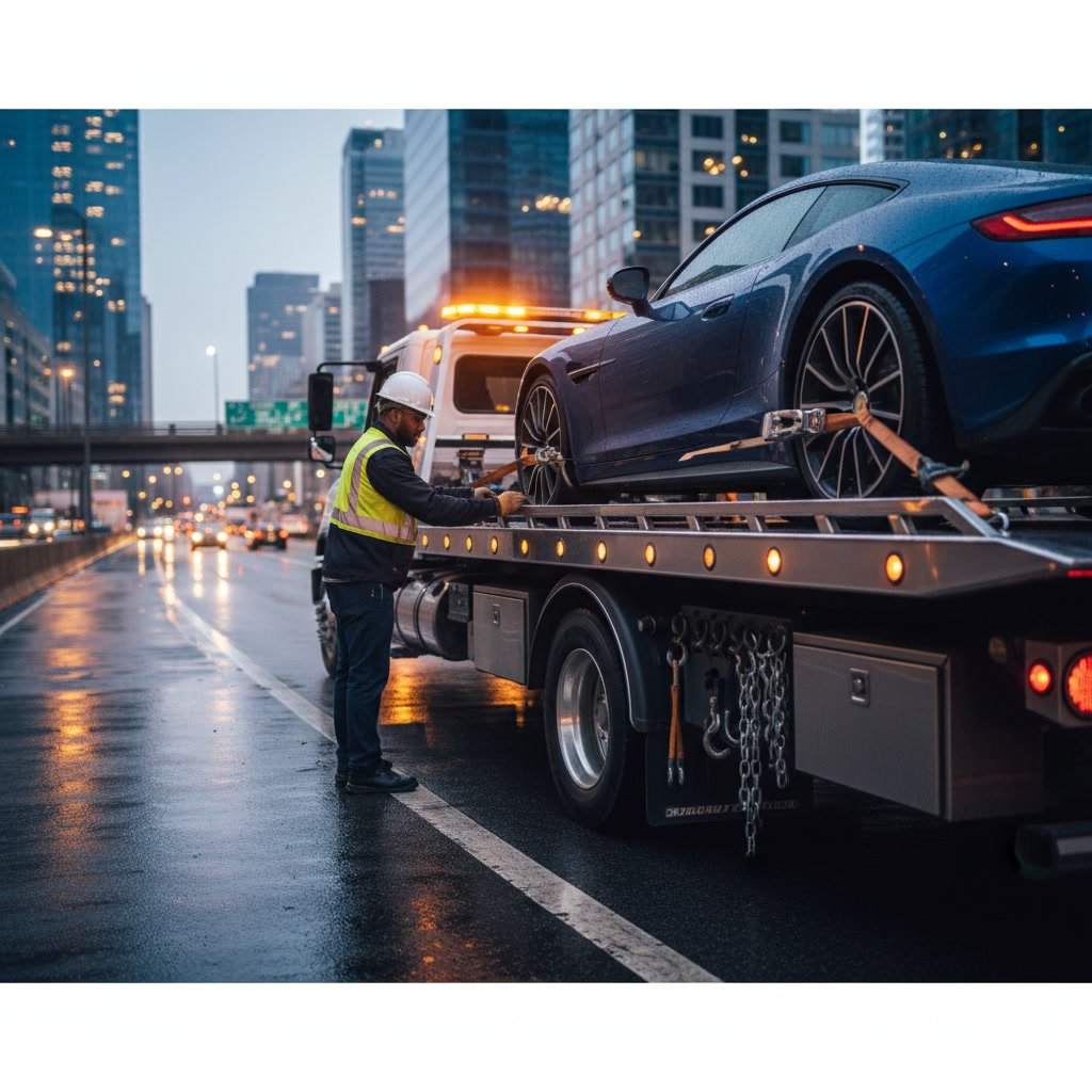 Professional tow truck operator safely loading and securing vehicle onto flatbed tow truck